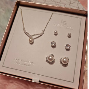 NEW! LG Lori's Gifts Necklace & 3 Pairs of Studs with Faux Pearl Cubic Zirconia